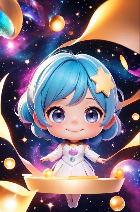 Chibi girl teaching cosmology、Galaxy painting on background、smile