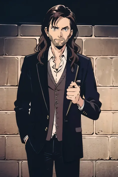 1man, david tennant with long wavy black hair and beard, gray eyes. elegant black clothes. simple man background