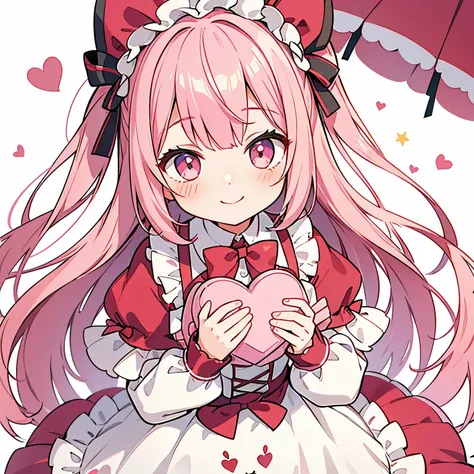 1girl, closeup on face, valetines day avatar, cute, shy, pink hair, pink white and red colors, holding red heart plushie with weird face,  high angle shot, smiling, lookign at viewer, lolita fashion inspired clothes, streetwear,