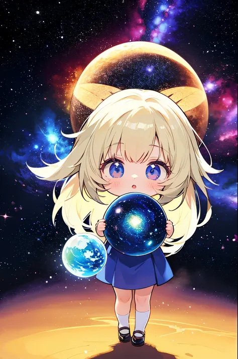 Chibi girl teaching cosmology、Galaxy painting on background