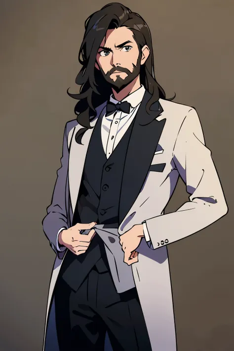 1man, david tennant with long wavy black hair and full beard, gray eyes. elegant black clothes. simple man background