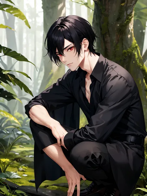 1boy,cool,Squatting in the vampire palace,side parted hairstyle,in the forest,close up,handsome,medium hair,black hair,black shirt, black trousers, black robe, red eyes, vampire