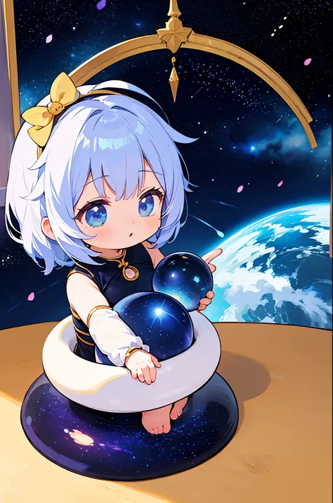 Chibi girl teaching cosmology、Galaxy painting on background