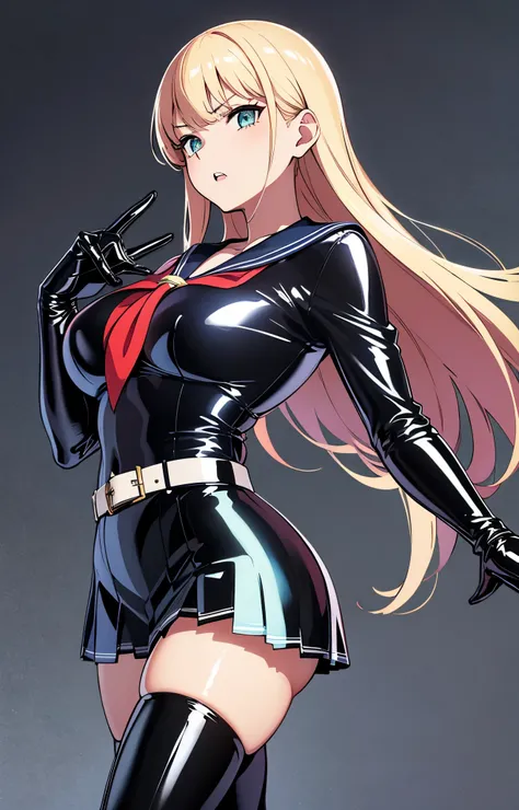 official art, Mistress、Highly detailed CG Unity 8K wallpaper, highest quality, masterpiece, High resolution,shiny latex thigh-high boots, Blonde straight long hair, brown belt,  leather shoulder bag、latex gloves,  (shiny latex sailor suit:1.6)、（Latex Schoo...