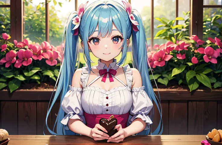 light blue long hair、Beautiful girl with twin tails、A lot of orchids、Making Valentine&#39;s chocolate at the orchid garden、A lot of orchidsの花、cute squirrel、adorable smile、hyper hd，masterpiece，advanced details，high quality，最high quality，High resolution，1080...