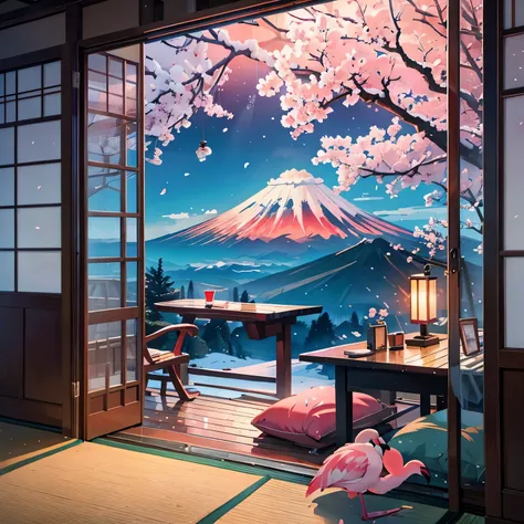 Flamingo by the window, Ukiyo-e volcano, cherry blossom snowstorm, twilight, dense forest