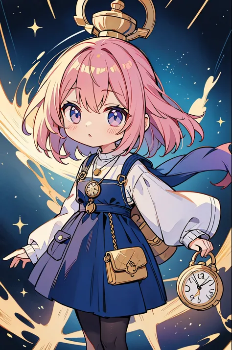 Chibi girl teaches cosmology、Galaxy painting on background、wearing a pocket watch necklace