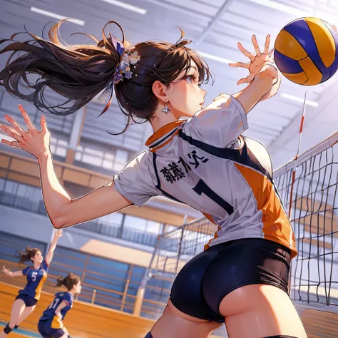 high quality,HD,16k,sharp lines,1 girl,Female volleyball athlete ,cute face, medium breasts, nice legs,At the volleyball venue,focus girl,detailed beautiful face,detailed clothes,beautiful eyes,cool,dynamic angle