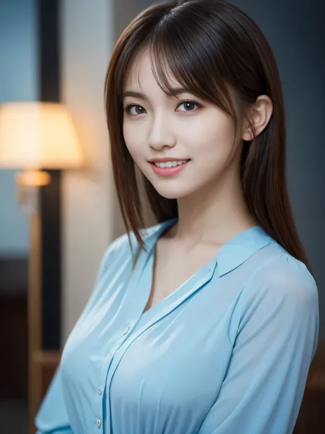 1 girl, (Wearing a light blue blouse:1.2), (RAW photo, highest quality), (realistic, Photoreal:1.4), table top, very delicate and beautiful, very detailed, 2k wallpaper, wonderful, finely, very detailed CG Unity 8K 壁紙, super detailed, High resolution, soft...