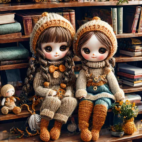 cute knitted doll，in the library，smiley face，many books，dreamy elements（（（masterpiece）））， （（best quality））， （（intricate details）...