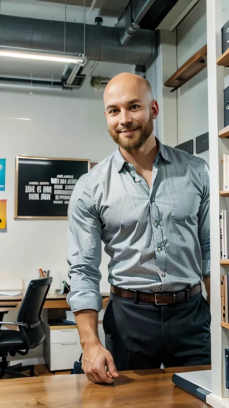 (bald man:1.2,blond short beard) posing in the office, friendly cheerful ambience, good lighting, casually dressed, professional setting, contemporary office furniture, modern decor, large windows, natural light, clean and organized workspace, computer on ...