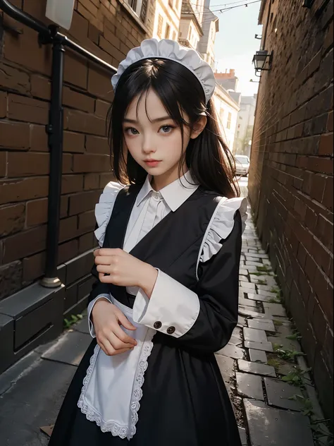 8k, ultra high resolution, best quality, masterpiece, Surreal, photo, 1 girl, (16 years old: 1.3), pretty girl, cute face, beautiful details, (maid uniform: 1.5), ((shining eyes)) in the basement,stone wall, cobblestones,