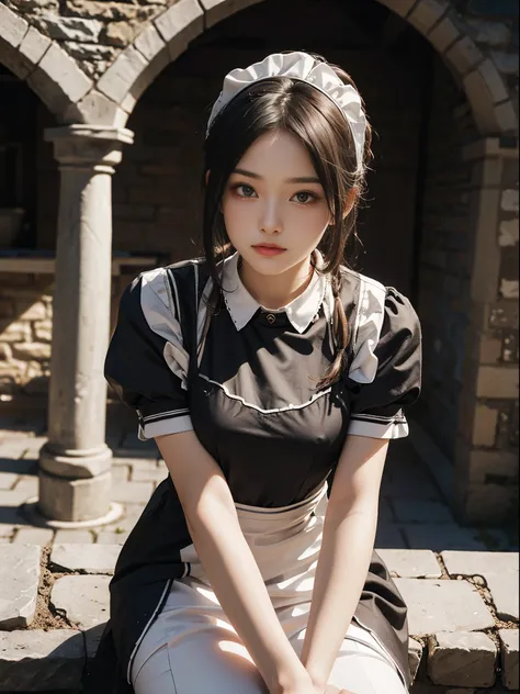 8k, ultra high resolution, best quality, masterpiece, Surreal, photo, 1 girl, (16 years old: 1.3), pretty girl, cute face, beautiful details, (maid uniform: 1.5), ((shining eyes)) in the basement,stone wall, cobblestones,