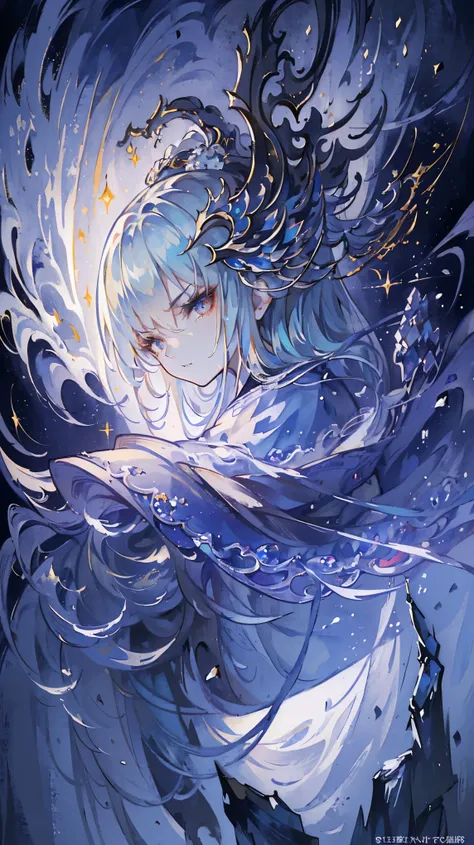 (extremely detailed 8K wallpaper),(ultra-detailed),(best quality),(masterpiece),(highly detailed),(cinematic lighting),(Original),Cold ligh，moody,((headshot)),(Chinese elaborate-style painting),1girl,solo,cyan hair，White robe,(((Eyes sparkling in the moonl...