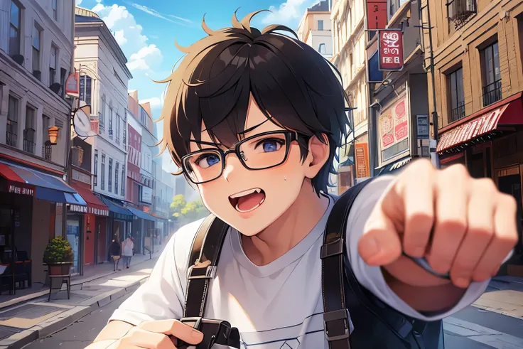 highest quality、masterpiece、20 year old fat man with black tabby glasses、angry pointing finger、The background is the building street outside