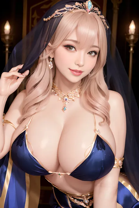 (MILF)、Beautiful woman、(40 years old）、majestic queen、In the palace、（big breasts, giga breasts）、Wearing a richly decorated mysterious veil、(micro bikini:1.0)、put on silk gloves、Full-length, voluminous pieces decorated with mysterious embroidery and jewels.、...