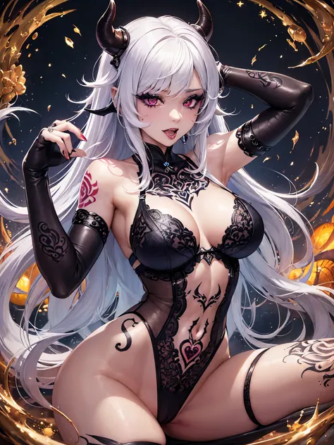 ((highest quality)),(ultra high resolution),(Super detailed),(detailed description),((best CG)),(best work of art),super precision art,great drawing art,(Art with precise details:1.5), (one female demon:1.8),(beautiful and well-shaped face:1.5),(Snakes Eye...