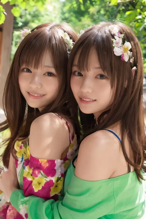 two girls、fun atmosphere, beautiful and fine eyes, cute hairstyles, Vivid costumes, pose playfully, wood々sunlight shining through the gap, soft shadow, Bright colors, lively look, zora々energy, laughter and giggles, delicate flowers,、friendship and bond, ca...