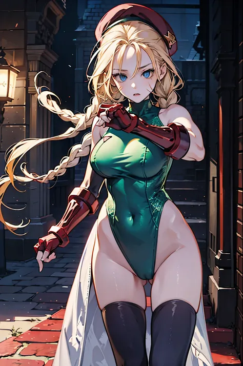 masterpiece, best quality, highres, 1girl, cammy white, twin braids, long hair, blonde hair, antenna hair, beret, (red headwear:1.3), blue eyes, scar on cheek, green leotard, large breasts, sleeveless, red gloves, fingerless gloves, camouflage, cowboy shot...