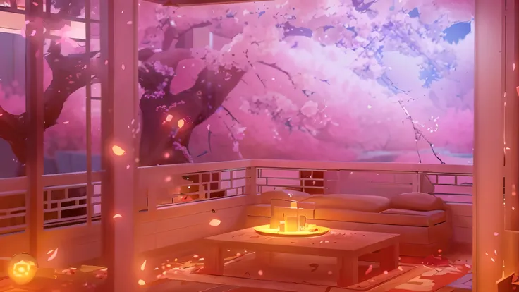 There is a room with a table and sofa, Dynamic lighting during cherry blossom season, relaxing concept art, relaxing environment, anime background art, sakura season, anime background, quiet and serene atmosphere, highly detailed scene, relaxed atmosphere,...