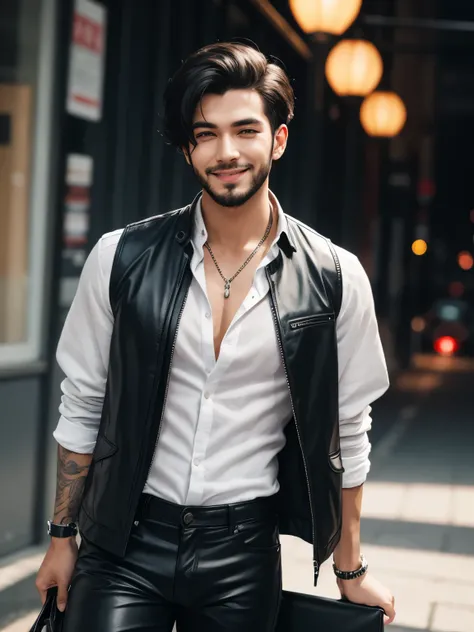 Young man wears a thin white linen shirt (holes in it), a black vest over it with red flames deco, black leather pants with holes, black short wild hair, three-day beard, mischievous smile,