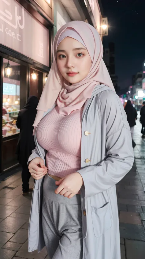 1 girl, beautiful, baby face, 20 years old, white skin, colossal breasts, sexy pose, pastel colour muslim hujab outfit coatumes,...