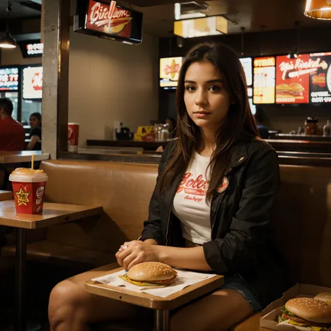 A pretty girl sits in a fast food restaurant and eats a burger, 32k, intricate Details, cinematic lighting