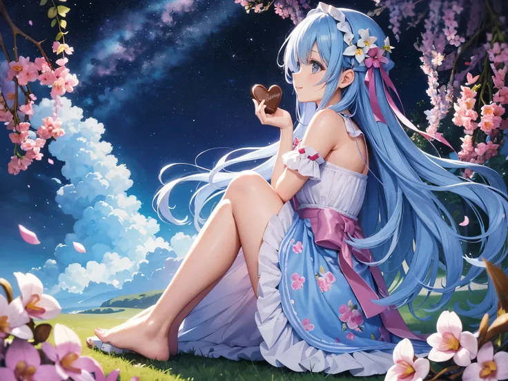 (High resolution、Super detailed、nffsw、movie)、alone、1 girl、happiness、Girl Standing In チョコレートで作られたOrchid Flower Garden、Girl around the petals、cute smile、Full body Esbian、long-haired girl with blue hair、Light blueの髪、black eye、valentine&#39;s big heart chocola...