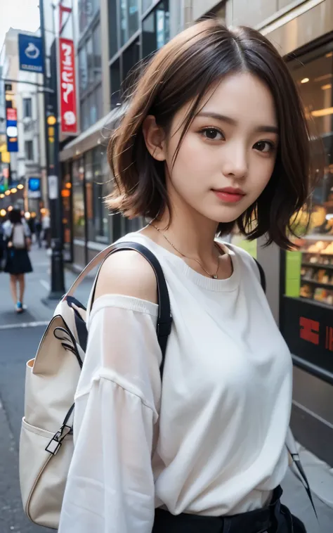 cute 21 year old japanese、clear sky、shopping、city、super detail face、pay attention to details、double eyelid、beautiful thin nose、sharp focus:1.2、Beautiful woman:1.4、(light brown hair,short hair、),pure white skin、highest quality、masterpiece、ultra high resolut...