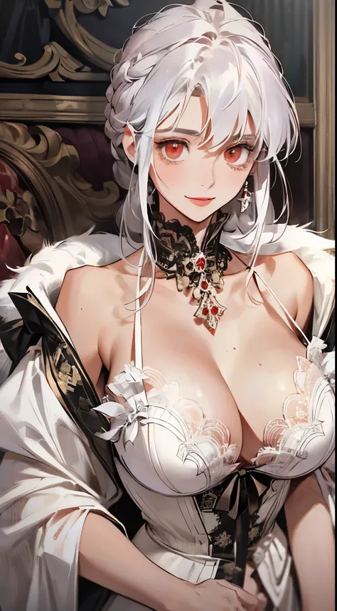 (best quality,high resolution:1.2), Super detailed, actual:1.37, A mature and beautiful lady in palace robe, lace lingerie, A smile on his face, close up of her breasts, white hair, red eyes, and exposed her underwear, The focus is on her plump breasts，Acc...