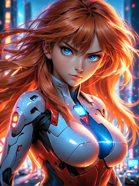 asuka langley, colorful neon lights, sharp focus, (best quality, 4k, highres, photorealistic:1.37), detailed facial features, fi...