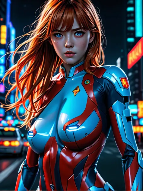 asuka langley, colorful neon lights, sharp focus, (best quality, 4k, highres, photorealistic:1.37), detailed facial features, fiery red hair, intense blue eyes, determined expression, red pilot uniform, futuristic cityscape background, vibrant colors, (hyp...