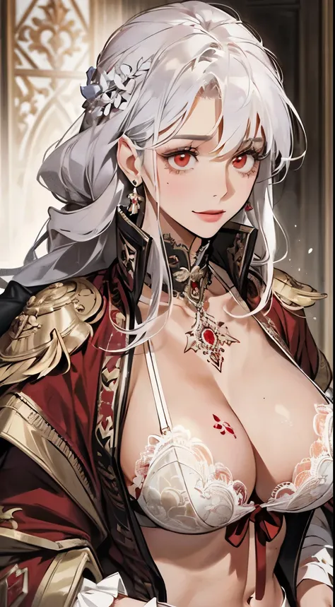 (best quality,high resolution:1.2), Super detailed, actual:1.37, A mature and beautiful lady in palace robe, lace lingerie, A smile on his face, close up of her breasts, white hair, red eyes, and exposed her underwear, The focus is on her plump breasts，Acc...