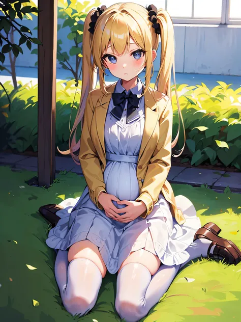 masterpiece, best quality,pregnant junior high school girl、1girl、
blonde hair,twintails hairstyle、Scrunchie decoration on hair、Confident face、
(matanity maxi dress,ridge knitting)、school-blazer-jacket、Thighhighs of black 、
(wariza)