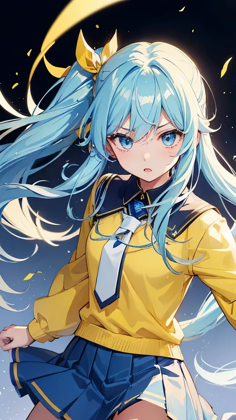 1 girl、Tsundere、fights quickly、energetic 、slanted eyes、Hairstyle Long Straight、eye color yellow、Hair colorlight blue、high school girl、human、Hair blue、 face、Saucy、Tsundere