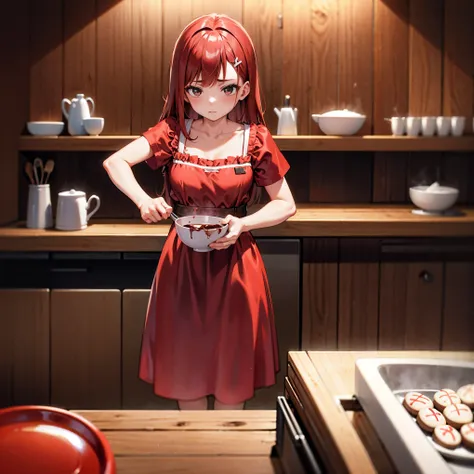 kitchen、bowl of brown liquid、valentine chocolate、No one wore a red and white dress, redhead, 16 year old girl, spatula in hand, highest quality, ultra high resolution, high definition skin, heart, hair accessory, belt