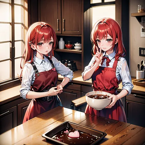 kitchen、bowl of brown liquid、valentine chocolate、No one wore a red and white dress, redhead, 16 year old girl, spatula in hand, highest quality, ultra high resolution, high definition skin, heart, hair accessory, belt