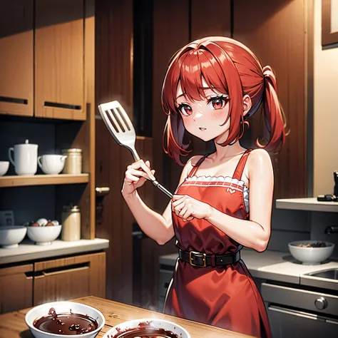 kitchen、bowl of brown liquid、valentine chocolate、No one wore a red and white dress, redhead, 16 year old girl, spatula in hand, highest quality, ultra high resolution, high definition skin, heart, hair accessory, belt