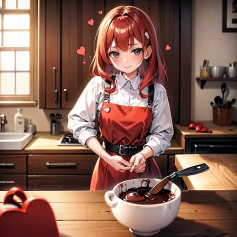 kitchen、bowl of brown liquid、valentine chocolate、No one wore a red and white dress, redhead, 16 year old girl, spatula in hand, highest quality, ultra high resolution, high definition skin, heart, hair accessory, belt