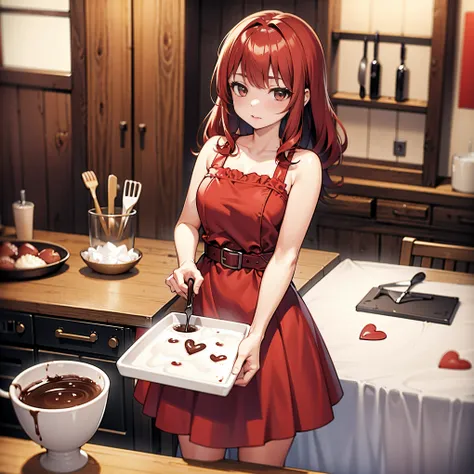 kitchen、bowl of brown liquid、valentine chocolate、No one wore a red and white dress, redhead, 16 year old girl, spatula in hand, highest quality, ultra high resolution, high definition skin, heart, hair accessory, belt