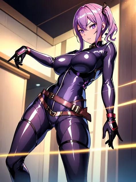 (Extremely detailed CG), (best quality), perfect face, shiny skin, shiny skin,wide hips,   1 girl,alone , Happy 913,rider belt,Gloves,black bodysuit,bodysuit, ,belt, armor,   thflex ,tachibana hibiki (symphonic gears) (hairpin:1.1) permanent,indoors, purpl...