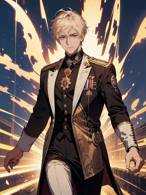 anime. Reincarnation of Roman Emperor Constantine the Great. Heir of a global luxury resort hotel group. he has fluffy chestnut hair. he has sharp eyes. gentle smile. odd eye. strong body.  suit.  (Gentle and gentle, but、Ruthless and relentless when necess...