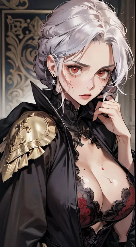 (best quality,high resolution:1.2), Super detailed, actual:1.37, A mature and beautiful lady wearing a black palace robe，sweat，red face, lace lingerie, show an indifferent expression, close up of her breasts, white hair, red eyes, and exposed her underwear...