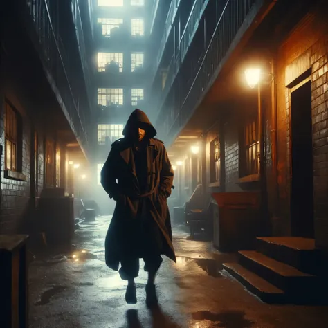 arafed image of a man in a trench coat walking down a dark alley, bladerunner street alley, cinematic gritty lighting, moody cinematic lighting, james gurney cinematic lighting, blade runner film style, moody strange cinematography, in roger deakins style,...