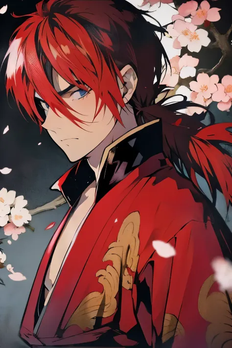 Kenshin Himura (battousai),portraits,extremely detailed eyes and face,historic samurai,peaceful expression,flowing red hair,determined look,traditional Japanese clothing,traditional katana,scenic cherry blossom background,portrayed in a dynamic pose,soft a...