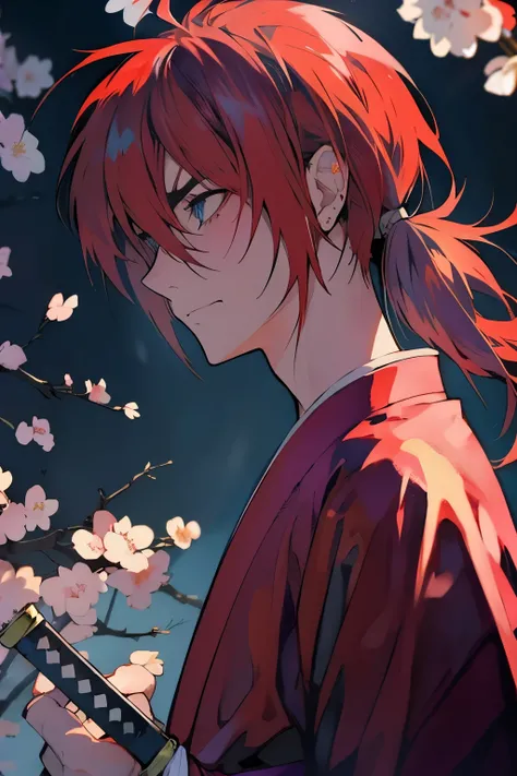 Kenshin Himura (battousai),portraits,extremely detailed eyes and face,historic samurai,peaceful expression,flowing red hair,determined look,traditional Japanese clothing,traditional katana,scenic cherry blossom background,portrayed in a dynamic pose,soft a...