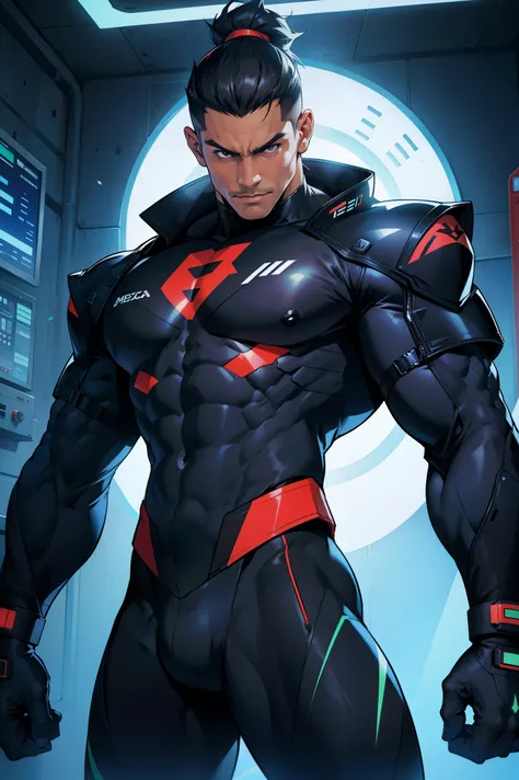 a muscular mexican cyber-hero with black spandex suit in spaceship