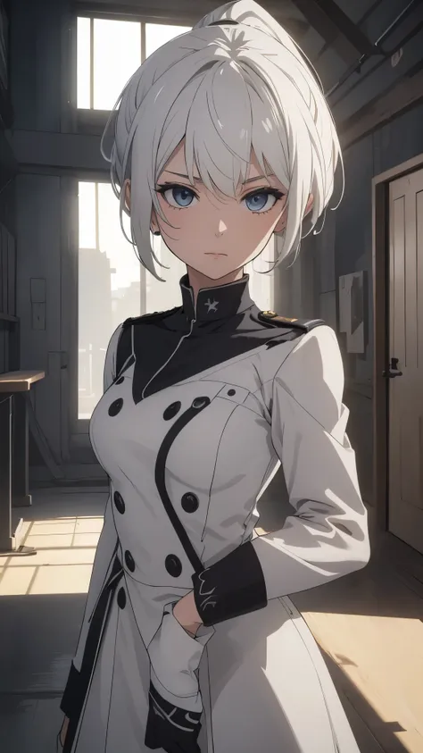 (extremely detailed CG unity 8k wallpaper), (masterpiece), (best quality), (ultra-detailed), (best illustration), (best shadow), (absurdres), 2b, 1girl, short hair, short ponytail, normal size , white hair, solo, Intimidating women, admiral uniform, night,...