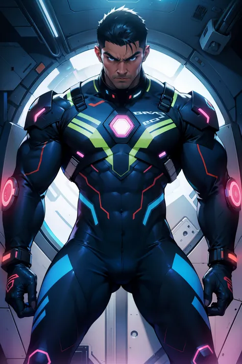 a muscular mexican cyber-hero with spandex cyber-suit in spaceship