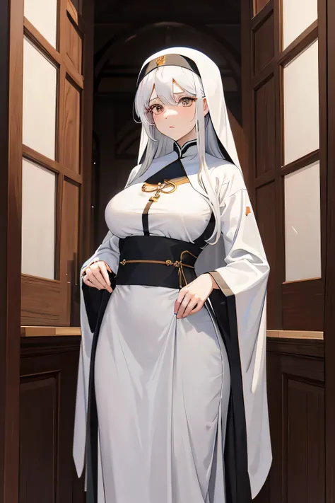 (best quality, masterpiece, ultra-detailed, extremely detailed, highres) (1woman, single, solo), 8k, 20 years old anime woman, white hair, long pale hair, slightly wavy hair, parted bangs, holy, nun, brown eyes, northern European, white cloth, big breast, ...